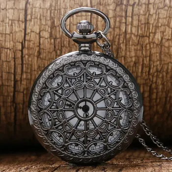 

Hot Selling Pocket Watch Black Hollow Web Spider Carving Quartz Fob Clock With Necklace Chain For Men Womne Gift
