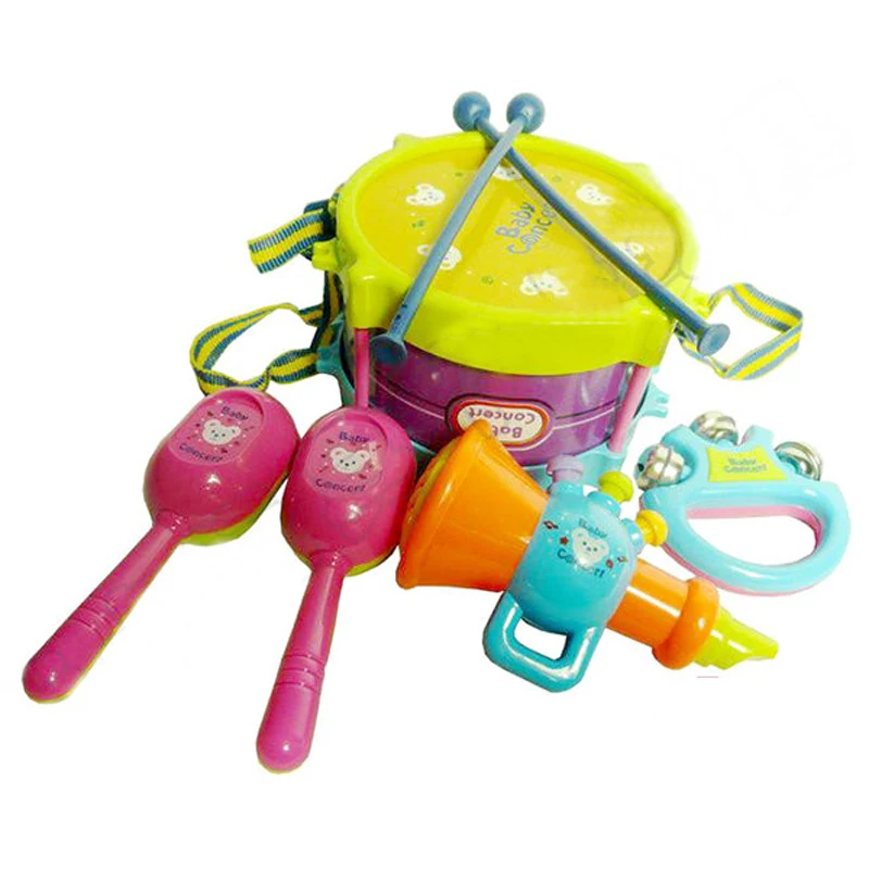 new fine 5pcs/set Musical Instruments Playing Set Colorful Educational baby Toys Drum/Handbell /Trumpet/Sand Hammer/Drum Stick
