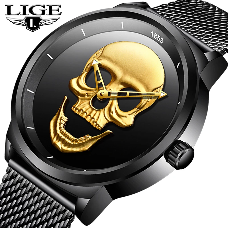 Lige часы Для мужчин модные спортивные кварцевые 3D череп Водонепроницаемый Для мужчин S часы лучший бренд класса люкс Сталь с сетчатым