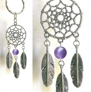 

Dreamcatcher Feather Purple beads Tibetan silver Charm Keychain Gift Key Ring Fit DIY Key Chain Accessories Jewelry 10pcs D196