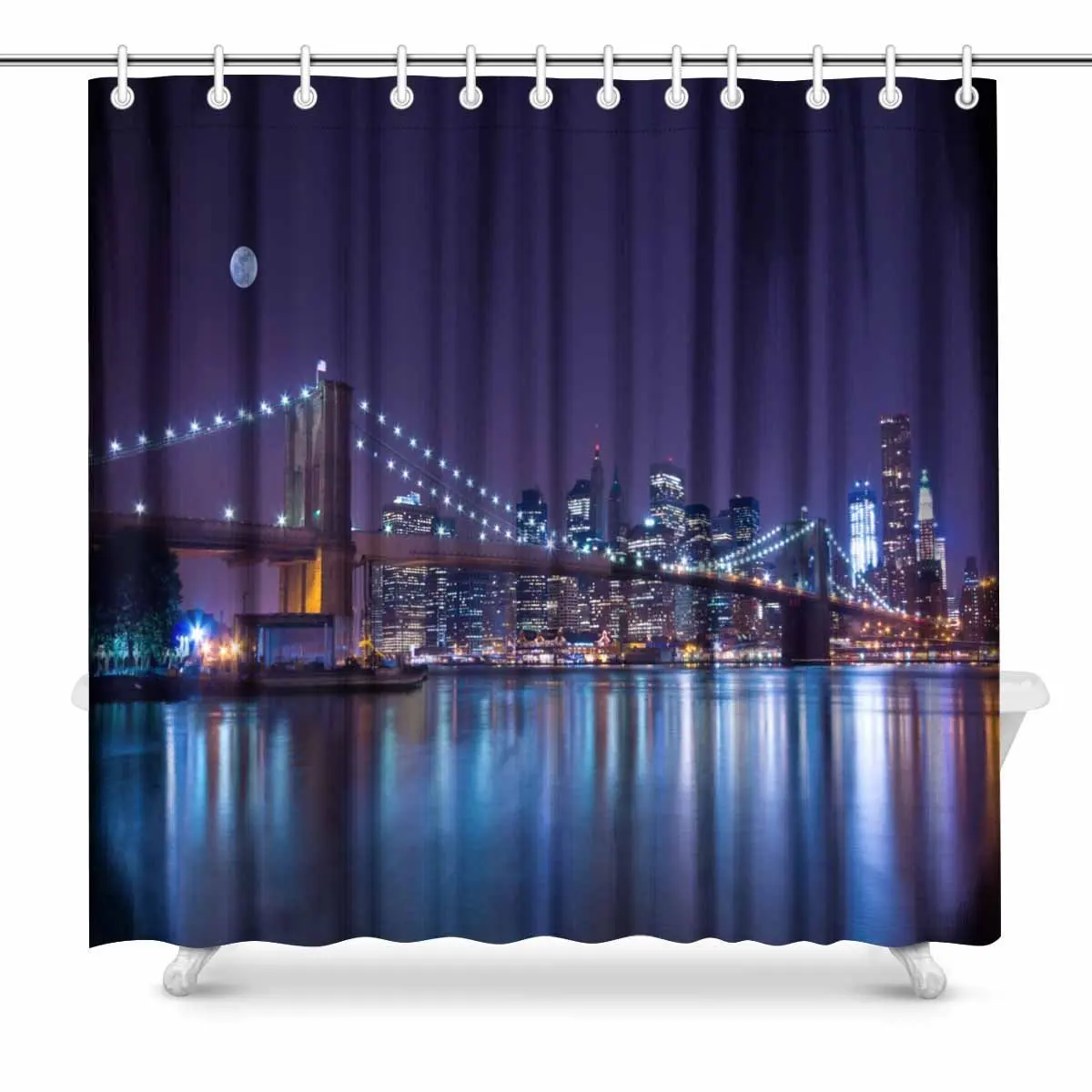 

Aplysia New York City's Brooklyn Bridge Manhattan Skyline Illuminated at Night Full Moon Overhead Art Bathroom Shower Curtain