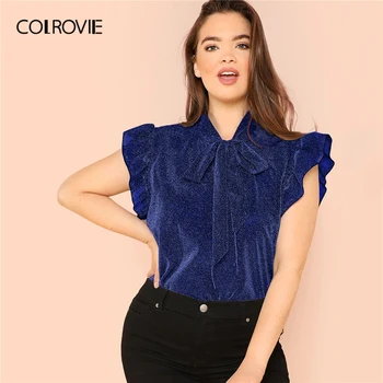 

COLROVIE Plus Size Blue Tie Neck Ruffle Armhole Glitter Elegant Blouse Top Women 2019 Summer Korean Sleeveless Office Lady Shirt