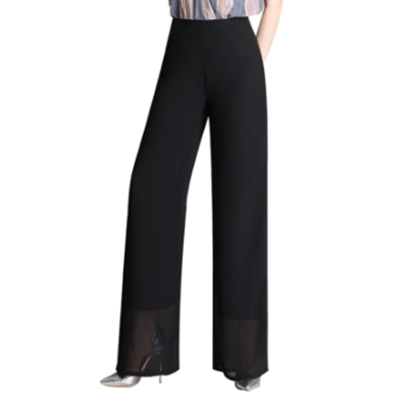 

2019 Summer European Style Women Chiffon Wide Leg Pants High Waist Straight Ladies Trouser Zipper Fly Black Capris Plus Size 4XL