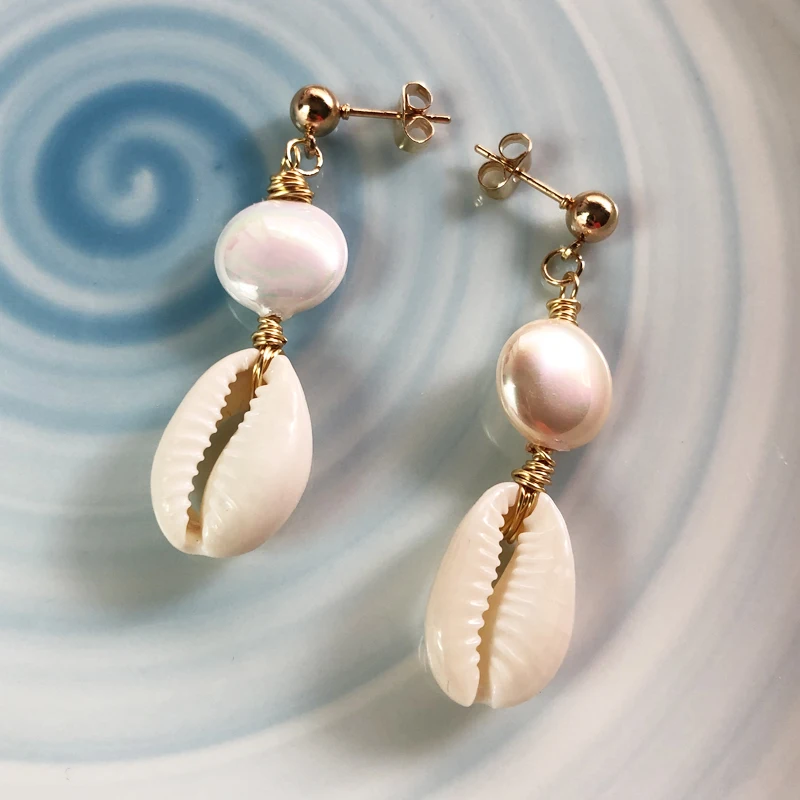 

KBJW Elegant New Jewelry Gold Color Stud Oval Flat Genuine Pearl Shell Earrings Cute Statement Easy Match Stud Earrings 2019