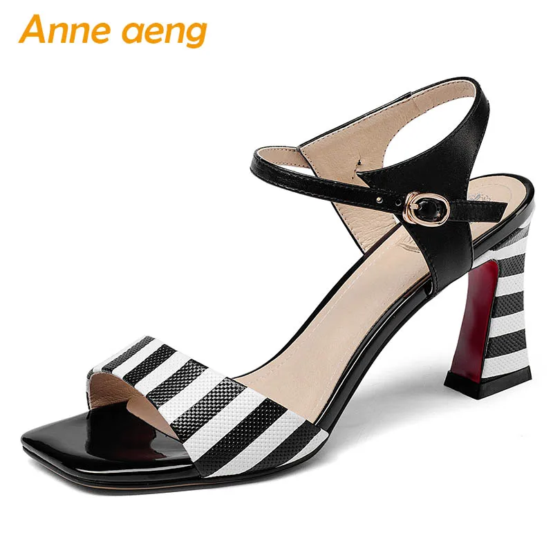 

2019 New Summer Genuine Leather Women Sandals High Square Heel Peep Toe Buckle Striped Sexy Ladies Women Shoes Black Sandals