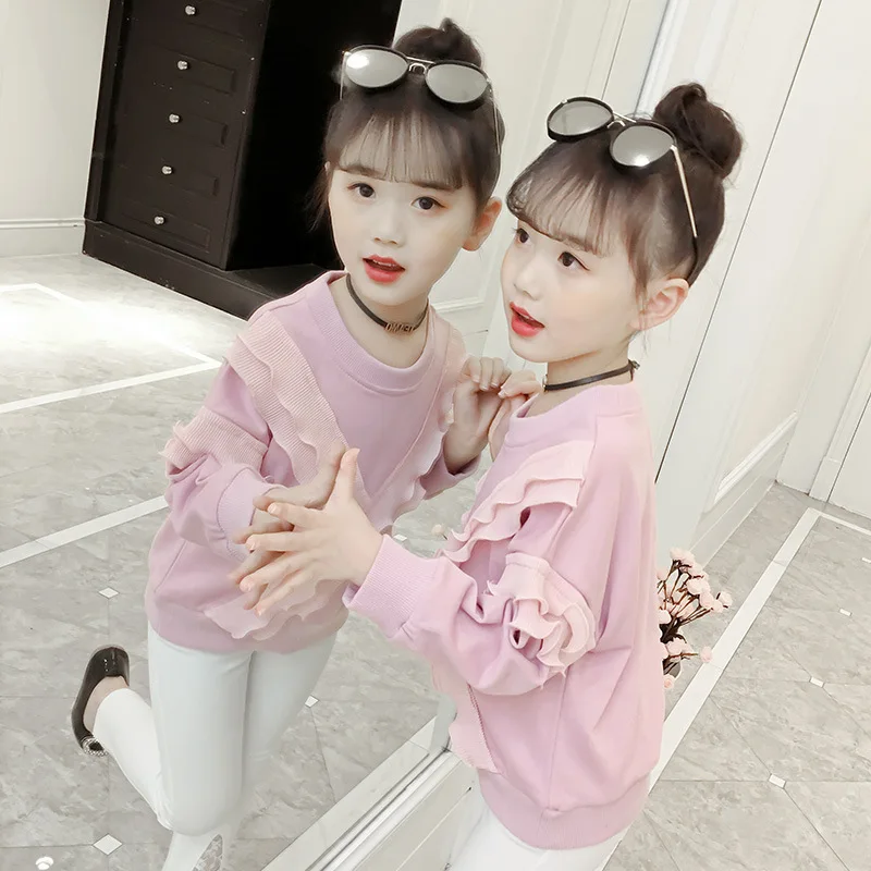 

Girls t-shirts 2019 Spring and Autumn Fashion Frills Kids Clothes Long sleeve Cotton T-shirt for youth girl White Pink t shirts