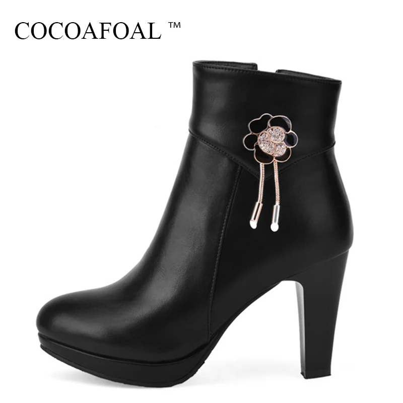 

COCOAFOAL Woman Winter White Metal Decoration Ankle Boots Plus Size 33 43 Black Martin Boots Fashion Crystal High Heeled Shoes