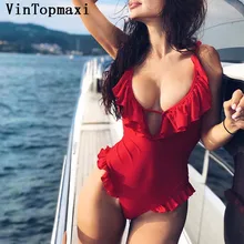 Бразильское бикини с высоким вырезом,, красный купальник с оборками, цельный костюм с v-образным вырезом, боди с открытой спиной, сексуальный купальник, летний купальный костюм