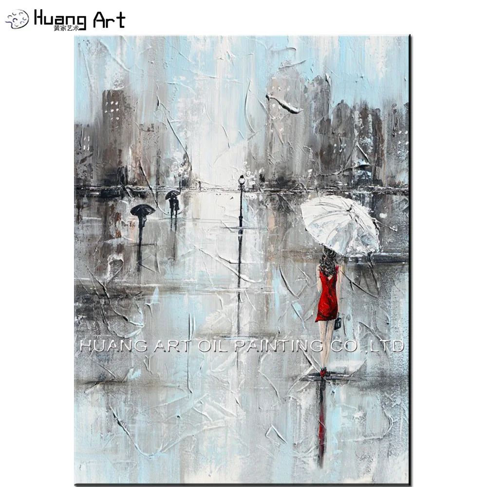 

Hand Painted Raining Day Landscape Oil Painting for Living Room Decor Red Skirt Girl with Umbrella Street Scenery Painting