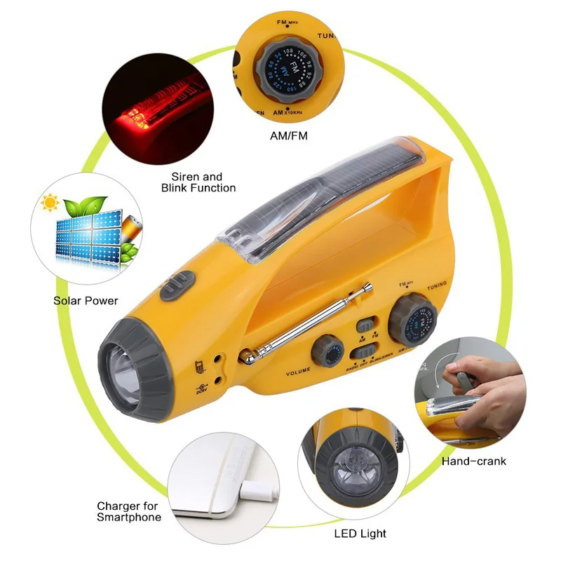 Portable Hand Crank Flashlight Led Lighting Emergency Solar Power LED Torches Multifunction Camping Flashlight with FM AM Radio (13)
