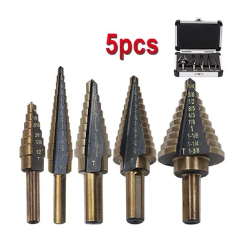 

5pcs Large Cobalt Hss Step Titanium Cone Drill Hole Cutter Bit Multiple Hole W/ Case Power Tool Drill Bit