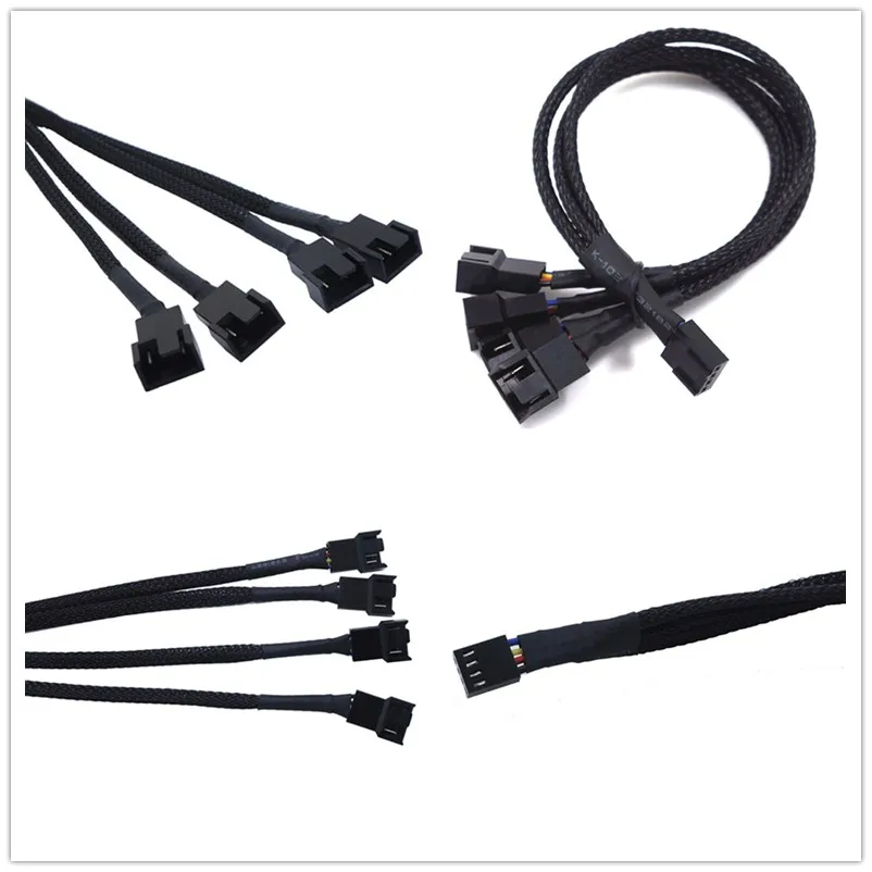 

High Quality 4 Pin Pwm Fan Cable 1 To 2/3/4 Ways Splitter Black Sleeved 27cm Extension Cable Connector 4Pin PWM Extension Cables