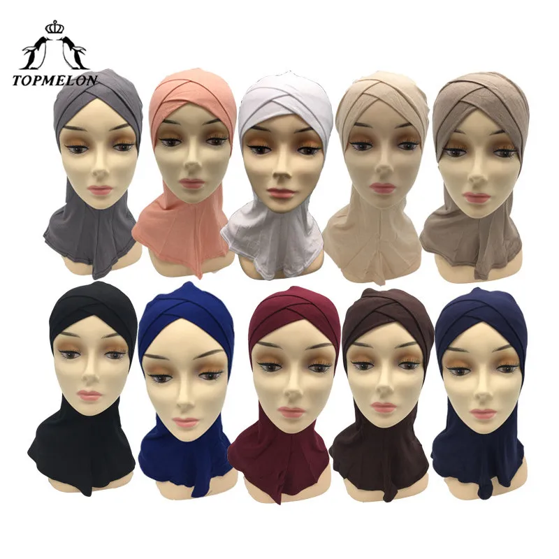 

TOPMELON Cross Hijabs Scarf Muslim Style Turban Solid Hijab Caps for Muslim abaya Islamic Dress Cotton Quality Cap for Women