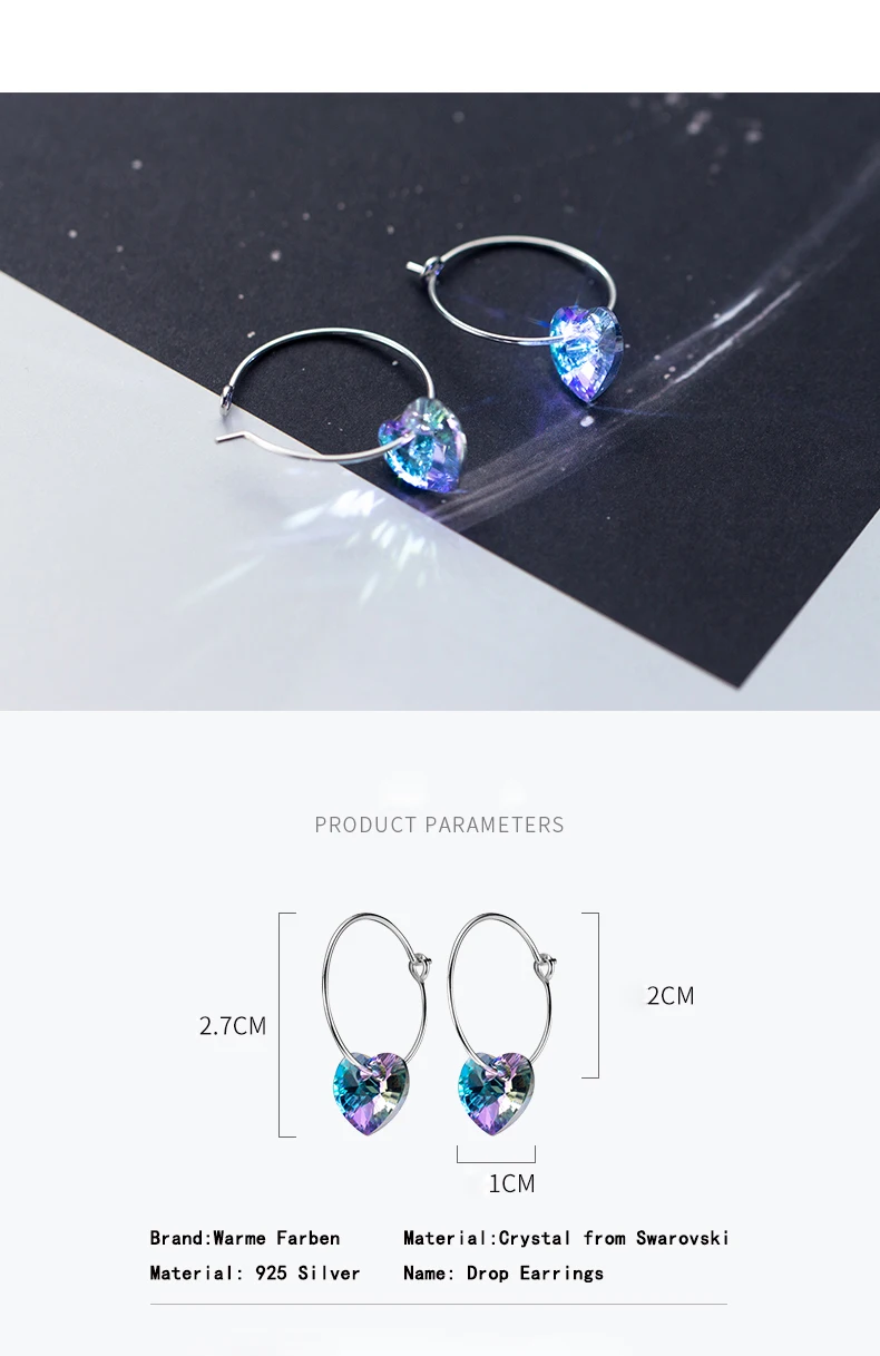 Warme Farben 925 Stering silver Drop Earrings Crystal from swarovsky Zircon Women Heart Earrings Birthday Fine Jewelry for Lady