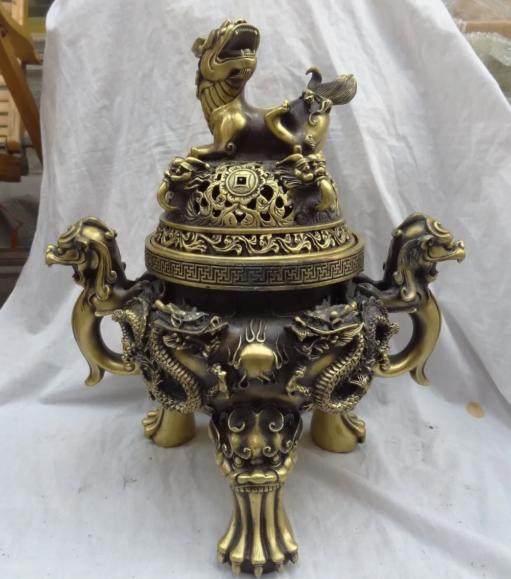 

shitou 001576 19" Tibet Buddhist Bronze Coin Dragon Ball Statue Lion Incense Burner Censer