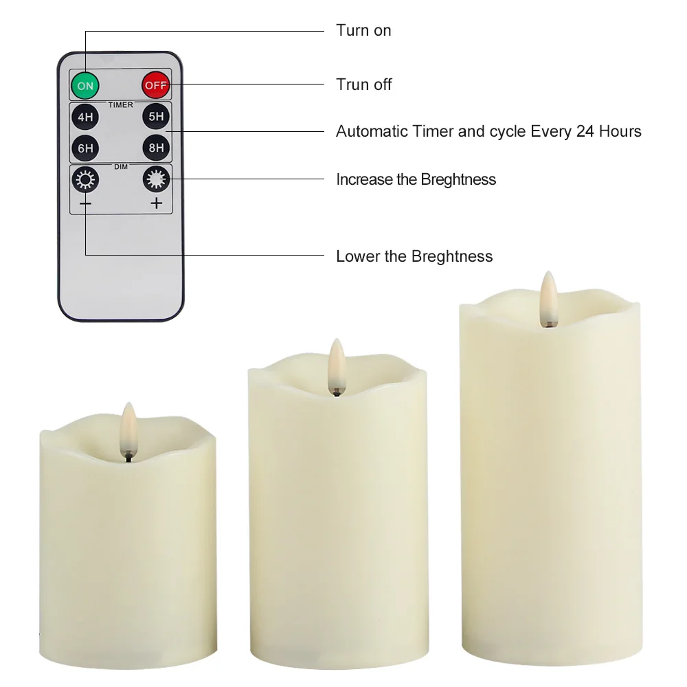 3Pcs LED Candle Light 3D Flameless Wax Pillar Flickering Candles 3x4.5 inches 