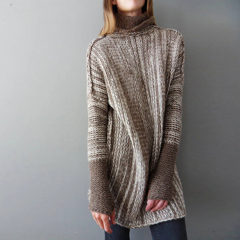 

DSQUAENHD Plus Size Women Sweater Winter Warm Long Sweater with Turtleneck Fashion Color Matching Female Knit Cashmere Outwears