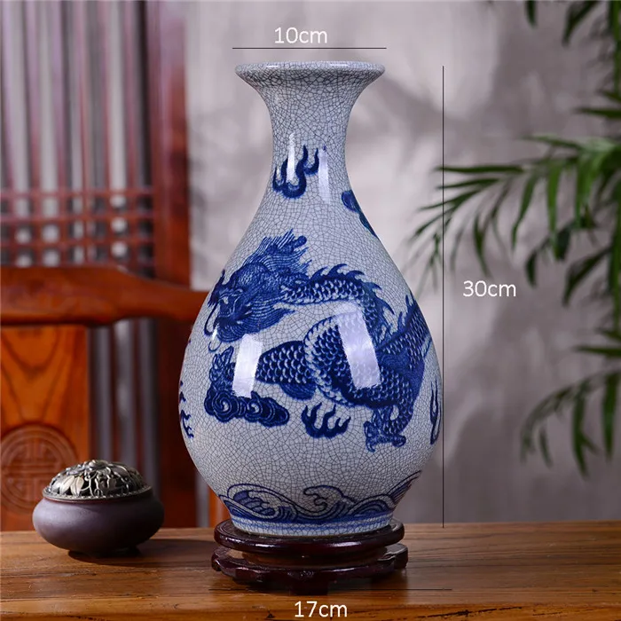Jingdezhen Blue and White Porcelain Dragon Pattern Cracked Glaze Ceramic Vase Porcelain New Chinese Antique Handmade Home Decoration Ornaments