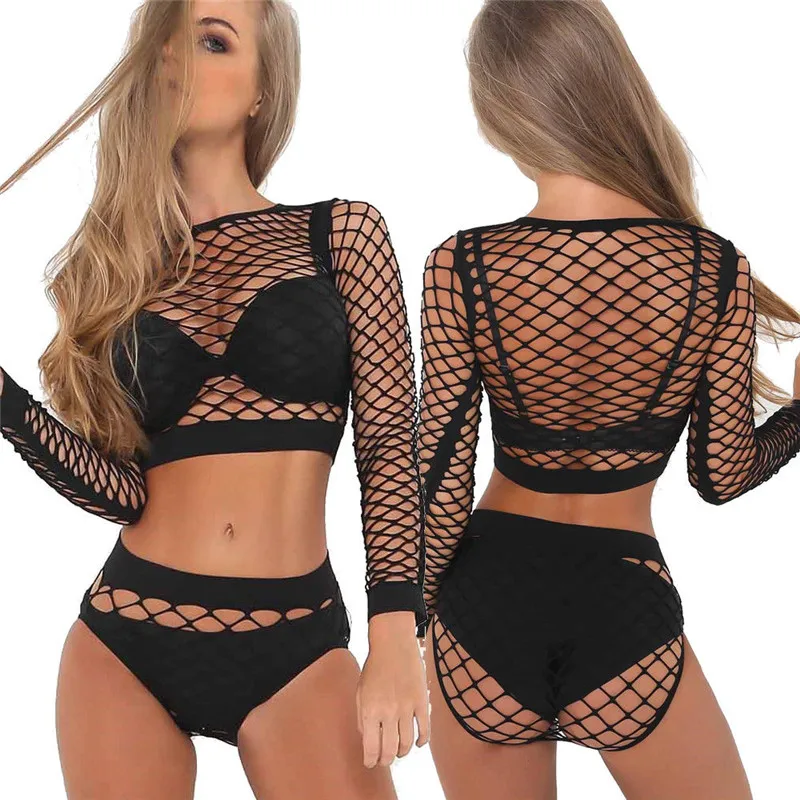 

Summer Hot Women Sexy Fishnet Hollow Out Bikini Cover Ups Long Sleeve Mesh See Through Crop Tops T-shirt Panties 2Pcs Beachwear