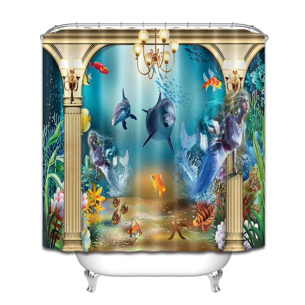 Undersea Palace Mermaid Waterproof Fabric Shower Curtain Set Bathroom Mat Hooks