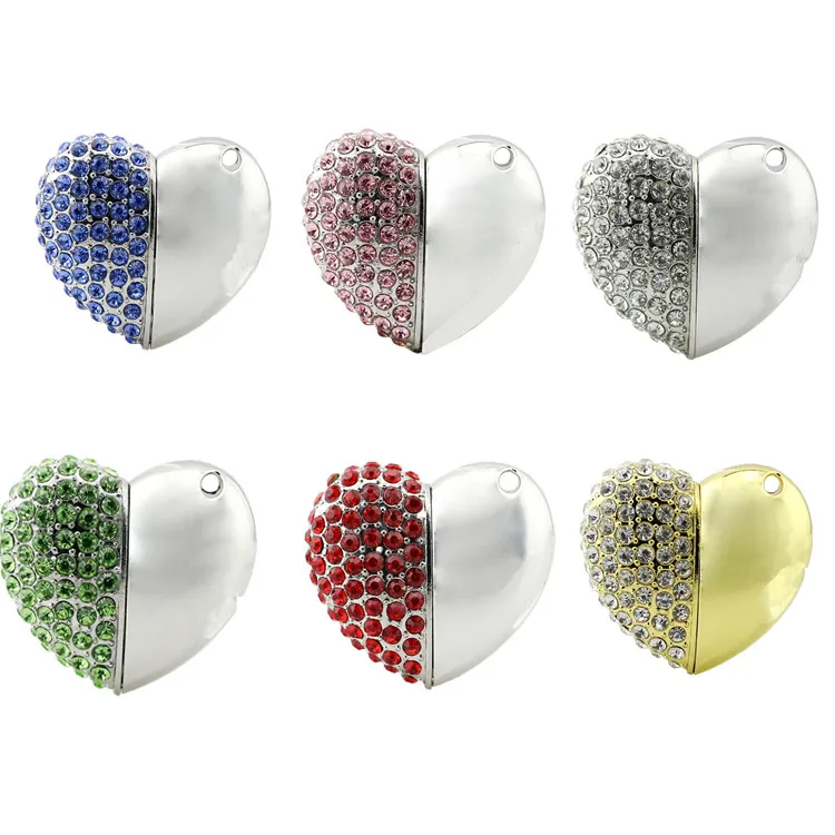  High Speed 6 Colors Metal heart pendrive 4GB 8GB 16GB 32GB Diamond Heart USB 3.0 Flash Drive Memory