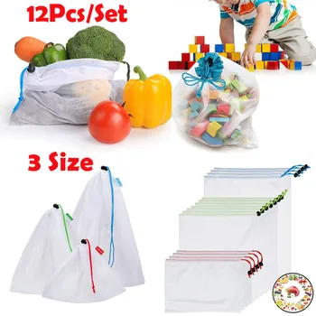 

12 Pcs Eco-friendly Cotton Mesh Produce Bags Grocery Fruit Storage Shopping String Bag