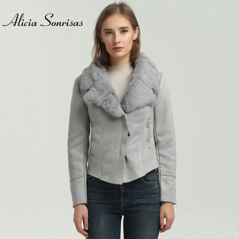 Зимняя куртка из искусственной овчины, Женская замшевая куртка, овечья шерсть, локомотив, натуральный кроличий мех, воротник, длинный рукав, теплое тонкое пальто