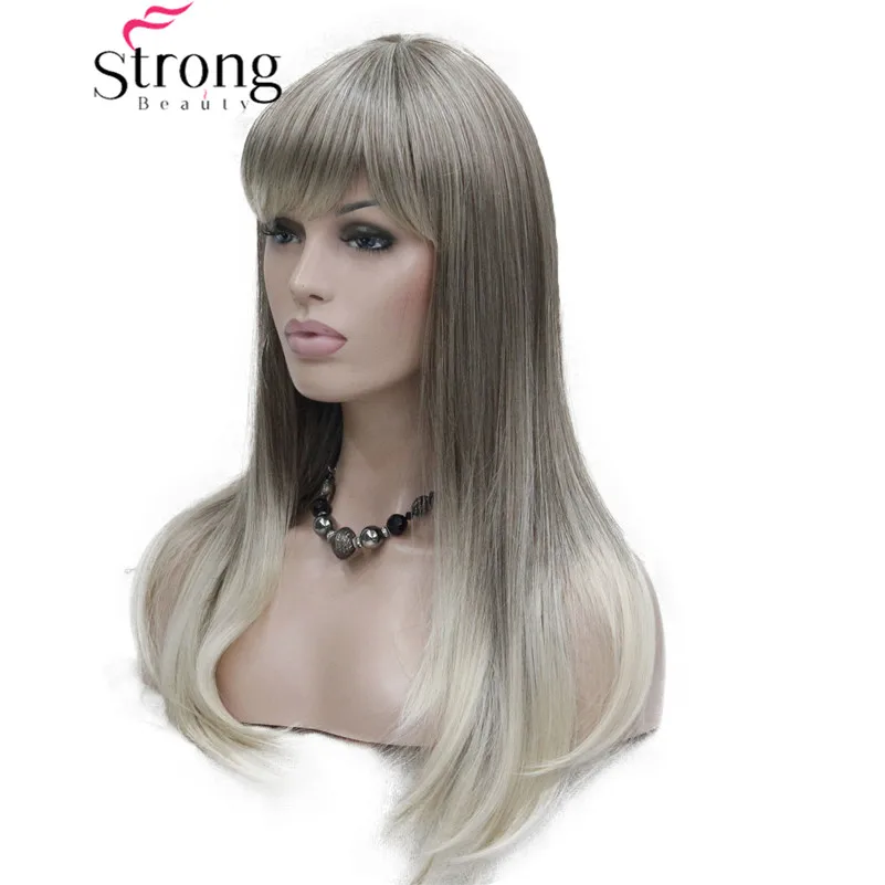 

StrongBeauty Long Straight Ombre Blonde With Bangs Synthetic Wig Women's Hair wigs