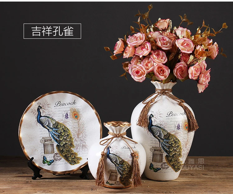 

BEST business birthday present -handicraft Vintage CHINESE Peacock porcelain home OFFICE Decor flower vase plate Decoration