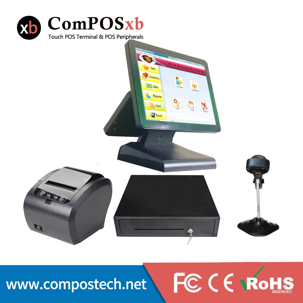 Compoxb 15 дюймов pos touch все в одном ПК с кассовым аппаратом 80 принтер сканер pos для ресторана кассовый аппарат для магазина