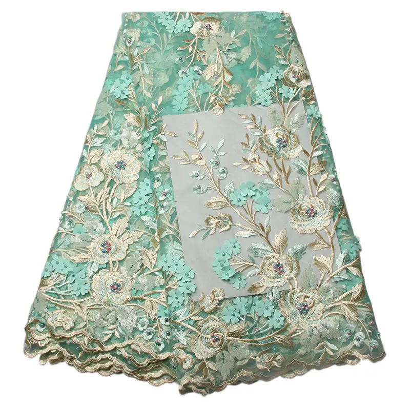 

3D Lace Fabric Alibaba Retail Store High Quality Tulle Beaded Lace Fabric 2017 African Embroidery Green Sequin Fabric QF952B-1