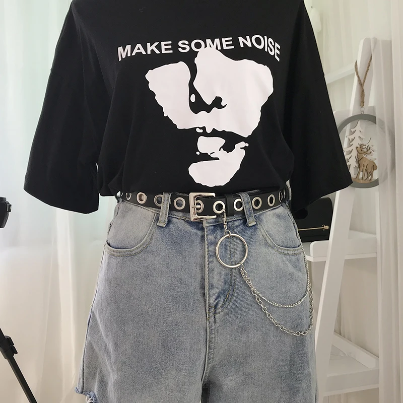 New Gothic Faux Leather Belt lady silver pin Metal Chain Ring Waist Strap Street Dance Decorate belts for women girl jeans black