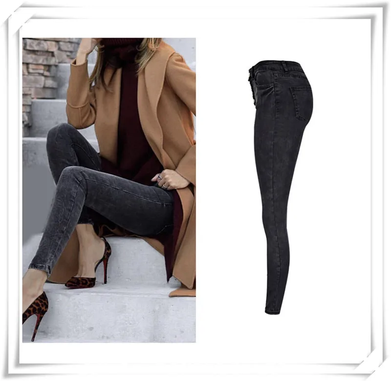 European and American women's wear high-waisted black super stretch acid-washed jeans and short leg trousers cross border women's wear (2)