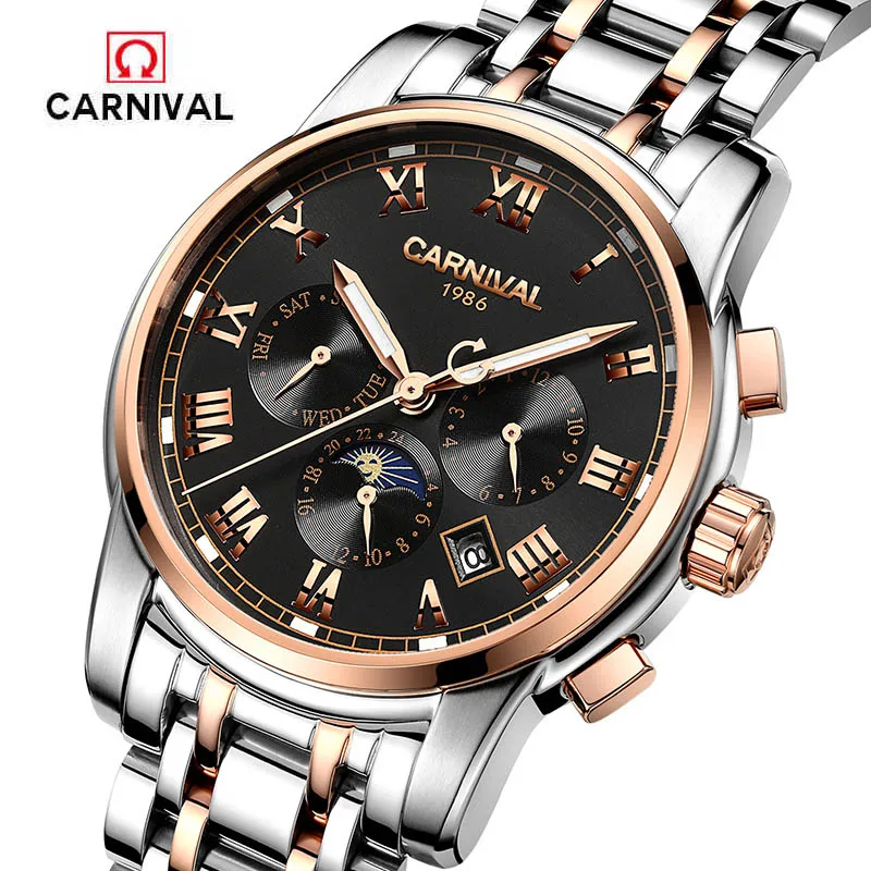 

CARNIVAL Fashion Men Watch Men Automatic Mechanical Black Wrist Wristwatch Stainless Steel Male Clock Relogio Masculino Box 2017