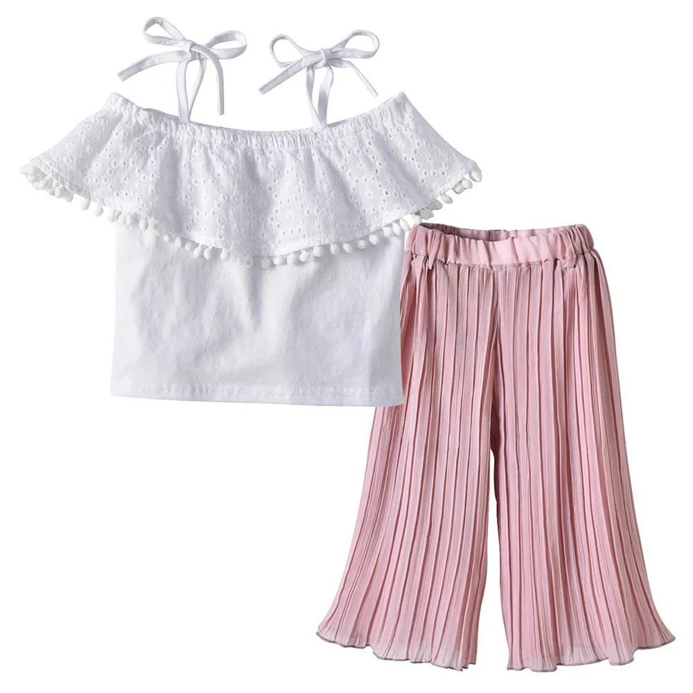 

Summer Girls Clothing Sets Toddler Baby Girls Children's Straps Lace Off Shoulder Tops Ruffles Pants Clothes Sets Dropshipping