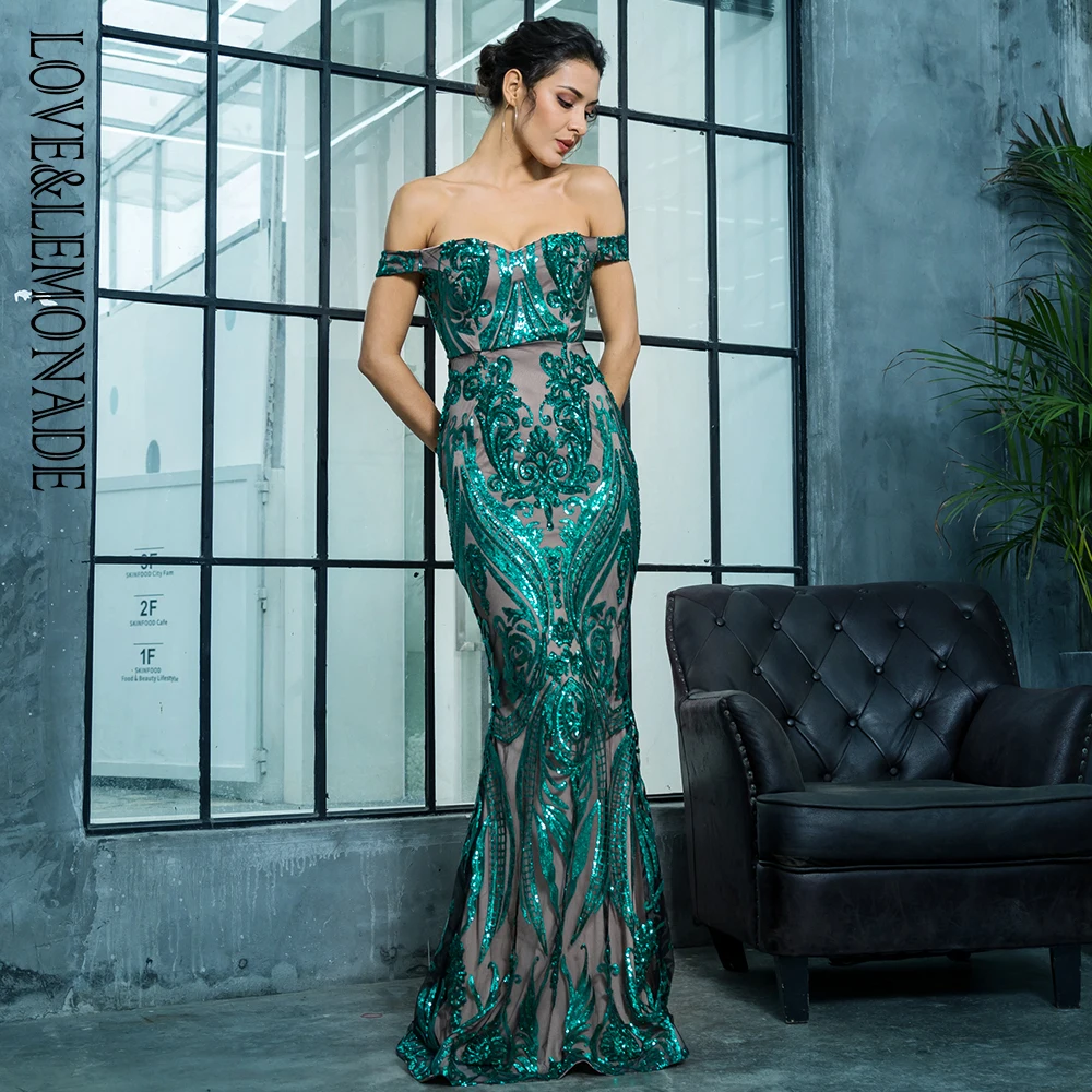 

Love&Lemonade Off the Shoulder Geometric Sequins Bodycon Long Dress LM81343GREEN