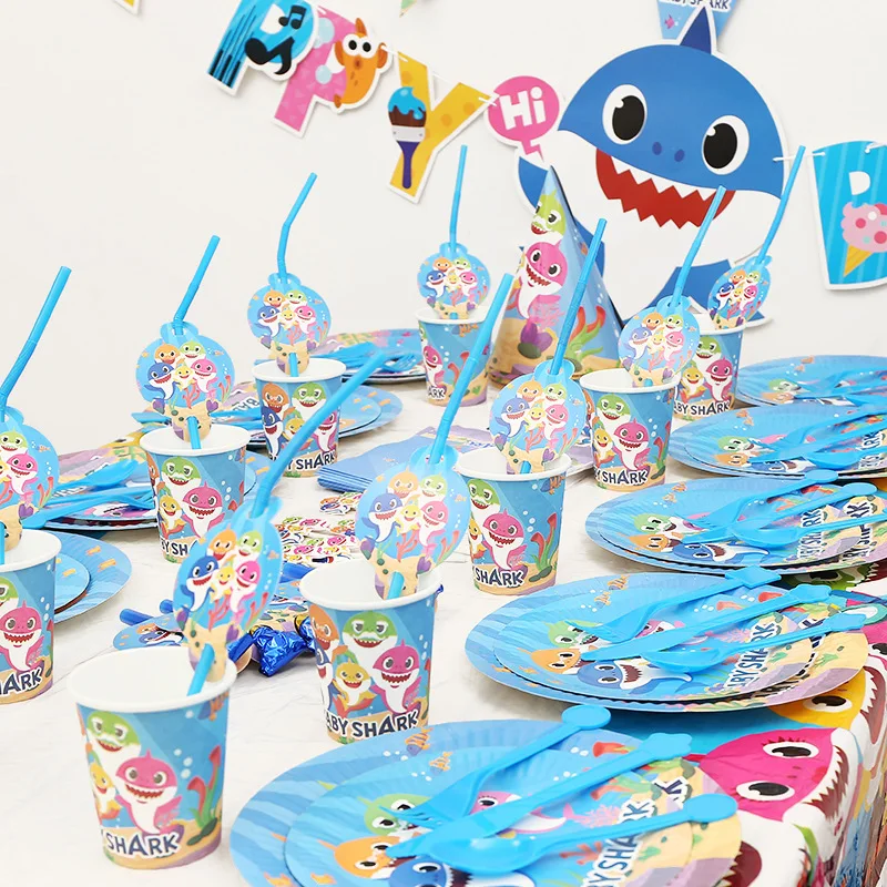 

New Baby Shark party supplies for children birthday party party supplies of table cloth cups forks napkins