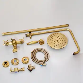 Monite Bathroom Shower Set & Shower Hand And Round Shower Hand Rainfall Antique Brass Mixer Taps Double Handles Bathroom Combo