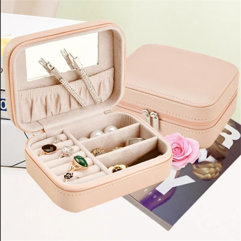 

Fashion Leather Ring Case Ring Display Jewelry Box Storage Case with Mirror Mini Gift Space-saving Holder Portable Storage