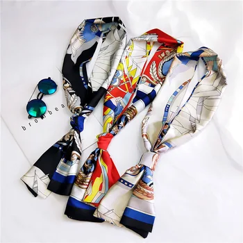 

2019 Women Fashion Ribbon Silk Scarf Beautiful Solid Design Girls Neckerchief Hair Band Bag Handle Wraps Small Neck Scarves
