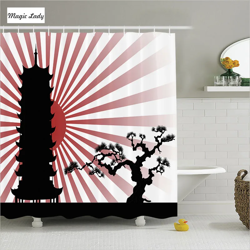 Shower Curtain Japan Bathroom Accessories Silhouettes Building Temple