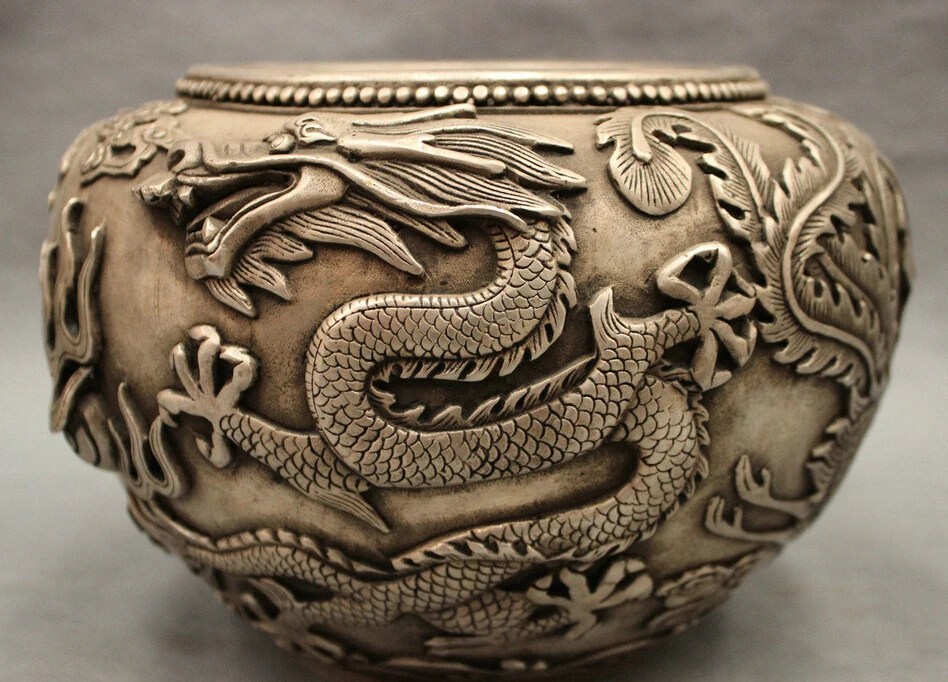 

9" Folk Chinese Silver FengShui Myth Fly Dragon Phoenix Statue Bowl Jar Censer
