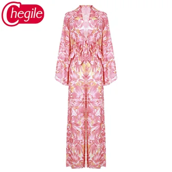 

European Noble Women Twinsets 2020 Summer Full Flare Sleeves Elegant Printed Tops + Loose Fashion Runway Pants Novelty 2 Pieces