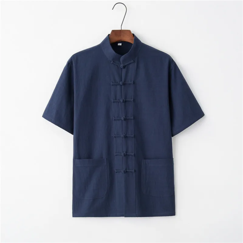 Summer Cotton Linen Kung Fu Shirt Blouse Mens Short Sleeve  Traditional Chinese Tang Suit Top Male Tai Chi Uniform 3