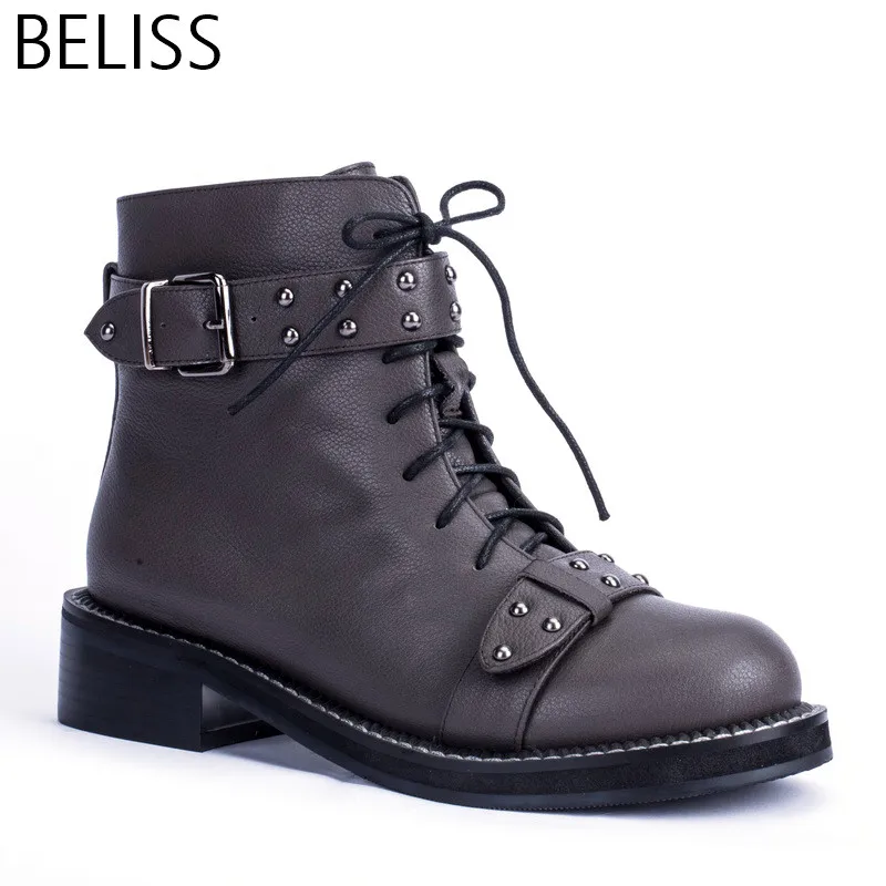 

BELISS 2018 35-41 high quality ankle boots for women punk leather round toe shoes female buckle belt spring autumn rivet B4
