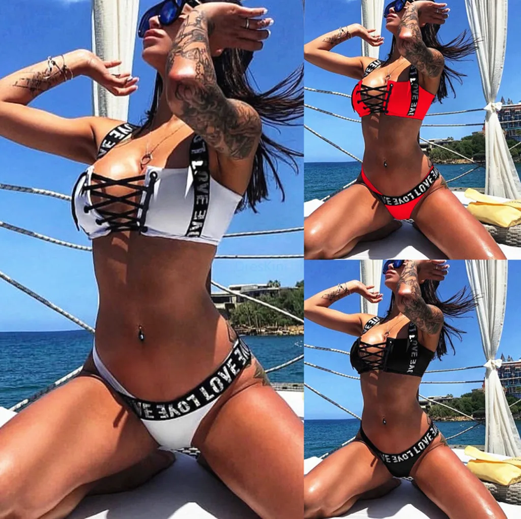 

Bikini 2019 Women Bikini Set Swimwear Push-Up Padded Bandage Letter Bra Swimsuit Beachwear Bather Suit Swimming Suit biquini