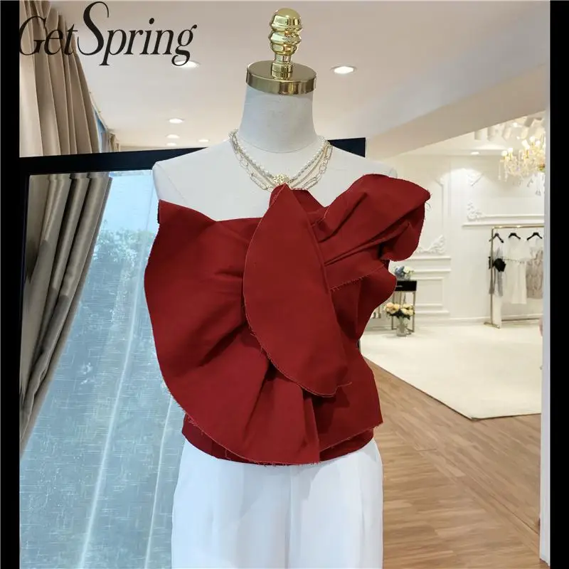 Женский Асимметричный укороченный топ GETSPRING черный белый красный с бантом лето