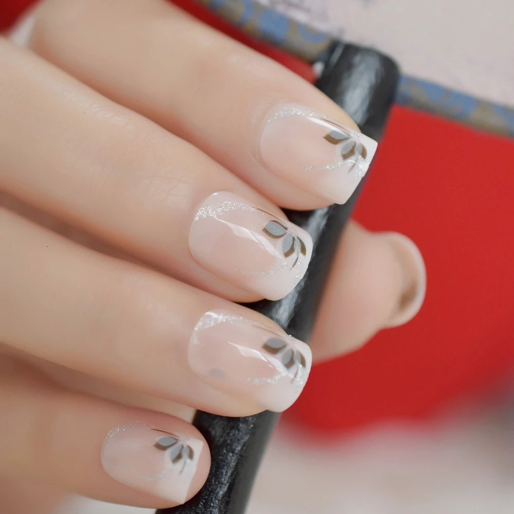 

White French Nails Nude Color Square Fake Nails Flower Pattern Artificial Nail Tips Paint UV Gel with Glue Stickers