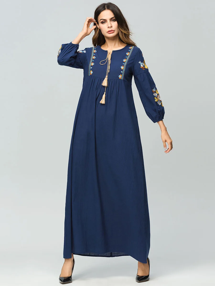 Вышитое хлопковое льняное мусульманское абайя простроченное длинное платье с длинными рукавами кимоно свободное Рамадан Арабская турецкая исламская одежда платье - Цвет: Blue