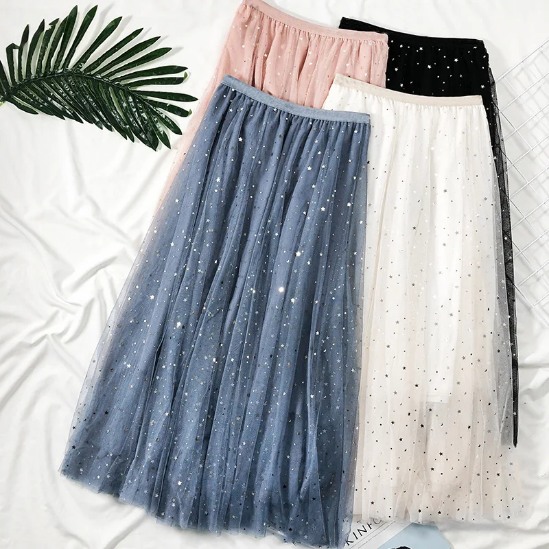 

Spring and summer new super hot fairy high waist star moon a word skirt medium and long mesh yarn pleated bust skirt